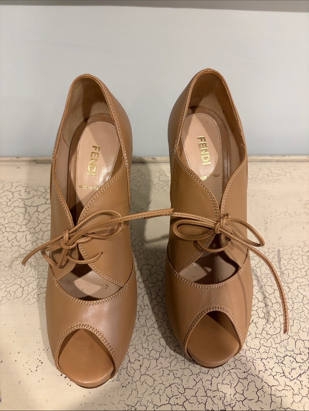 Fendi Tan Peep-Toe Lace-Up Leather Heels